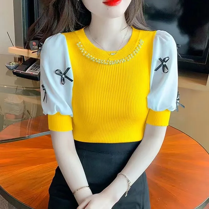 2024 Summer New Crew Neck T-Shirt Puff Short Sleeve Ins Women\'s Bow Knitted Beads Sweet Temperament Elegant Chic Top