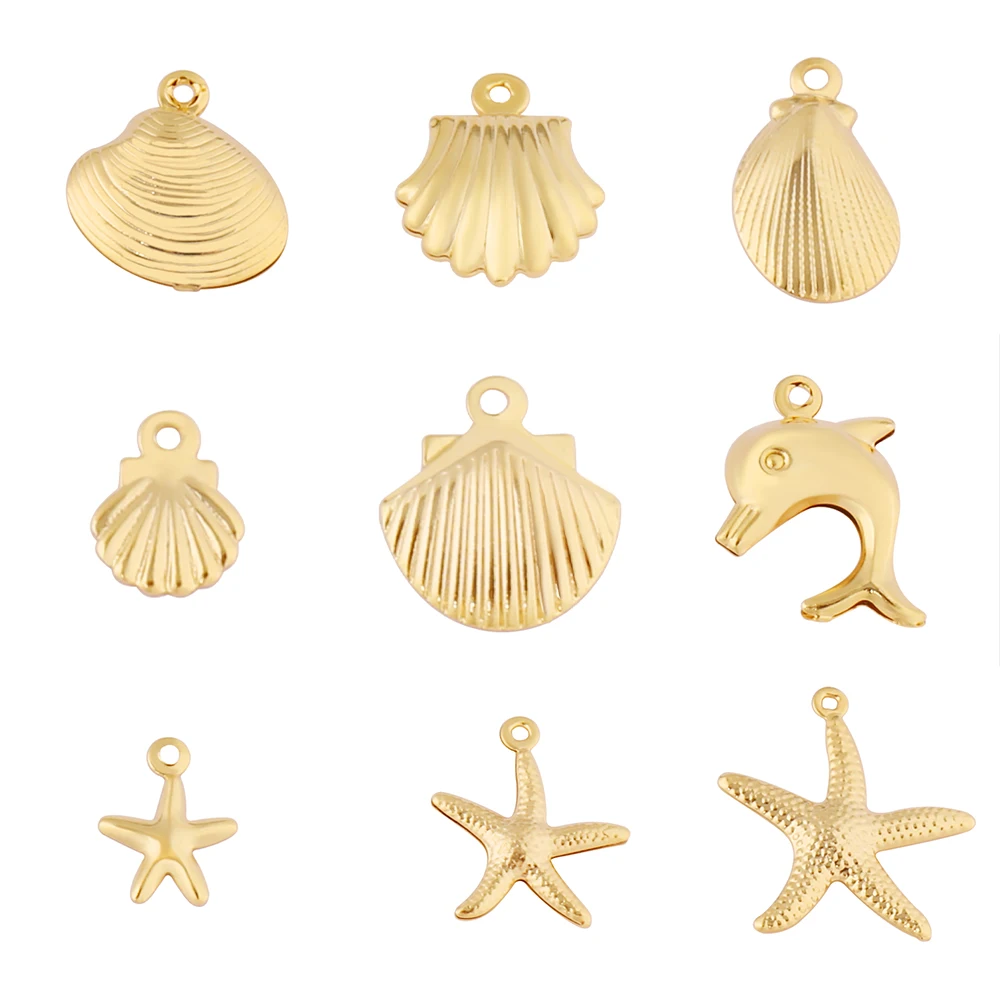 10 pçs encantos de aço inoxidável golfinho mar estrela concha encantos para fazer jóias pingente concha diy acessórios atacado