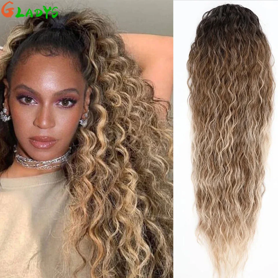 

26 Inch Deep Wave Drawstring Ponytail Water Wave Ponytail Hair Extensions Ombre Color Ponytail Synthetic Hair For Women