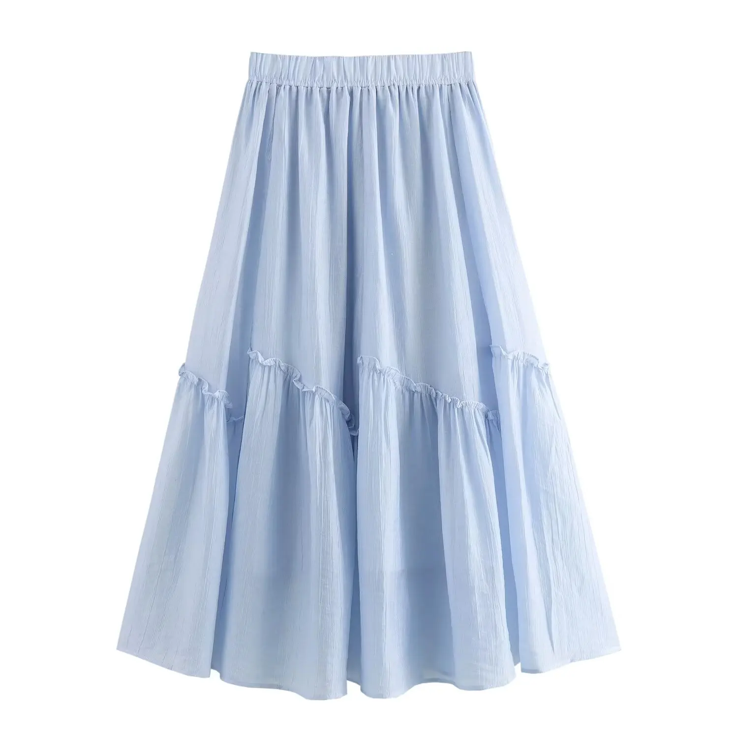 2024 Holiday Plain Color Spliced Wood ears Ankle Length Long Skirt Women Ruched Swing A-lined Skirts Boho White Blue apricot