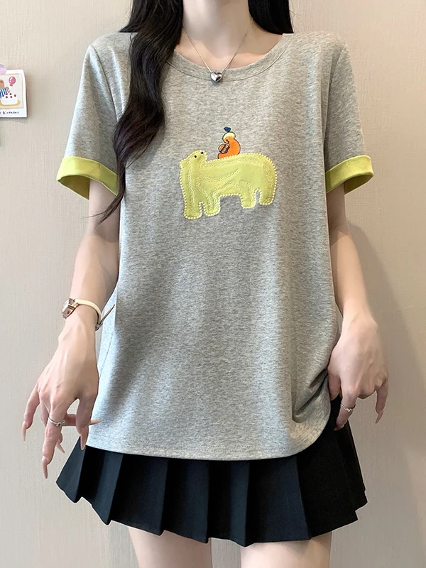 

plus Size Women's T-Shirt Short Sleeve Embroidered Pattern Color Block Summer Slimming Versatile Fashion Top Korean Style Str...