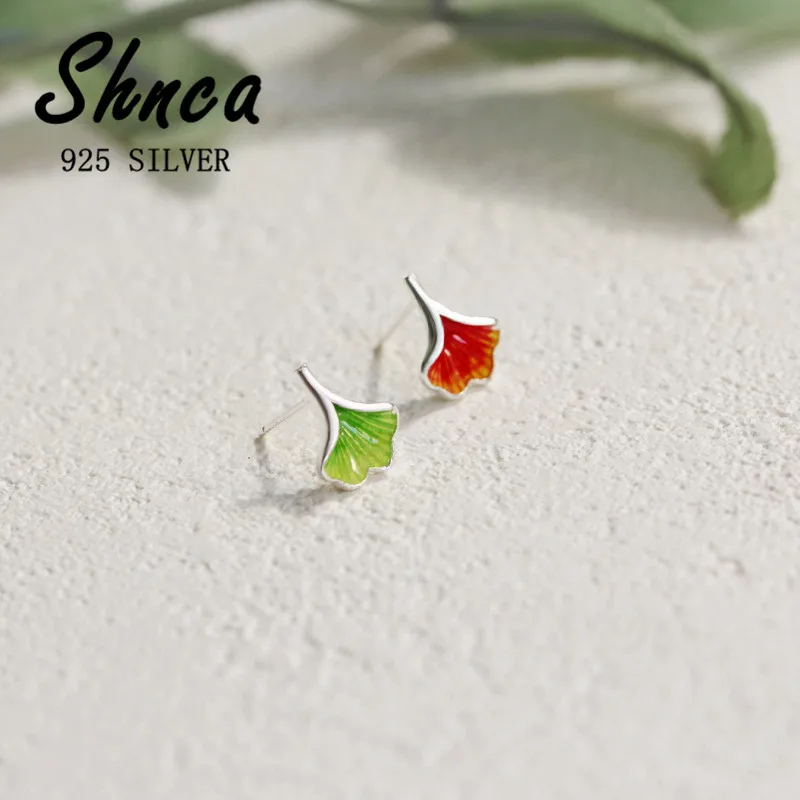 New Arrival Fashion Red Green Ginkgo Leaf Leaves 925 Sterling Silver Stud Earrings For Women Sterling-Silver-Jewelry Gift JY002