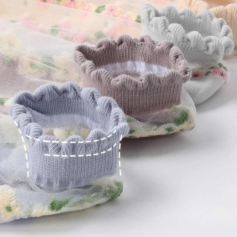 7 pares respirável curto coquette meias japonês bonito ins curto floral vidro seda feminino fishnet meias primavera verão meias finas
