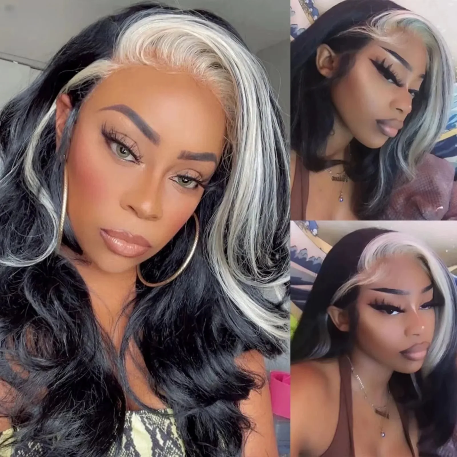 أسود مختلط شعر أبيض قصير بوب الدانتيل شعر مستعار أمامي الجسم موجة الدانتيل الباروكة الأمامية مقاومة للحرارة قبل قطعها الاصطناعية ارتداء اليومي