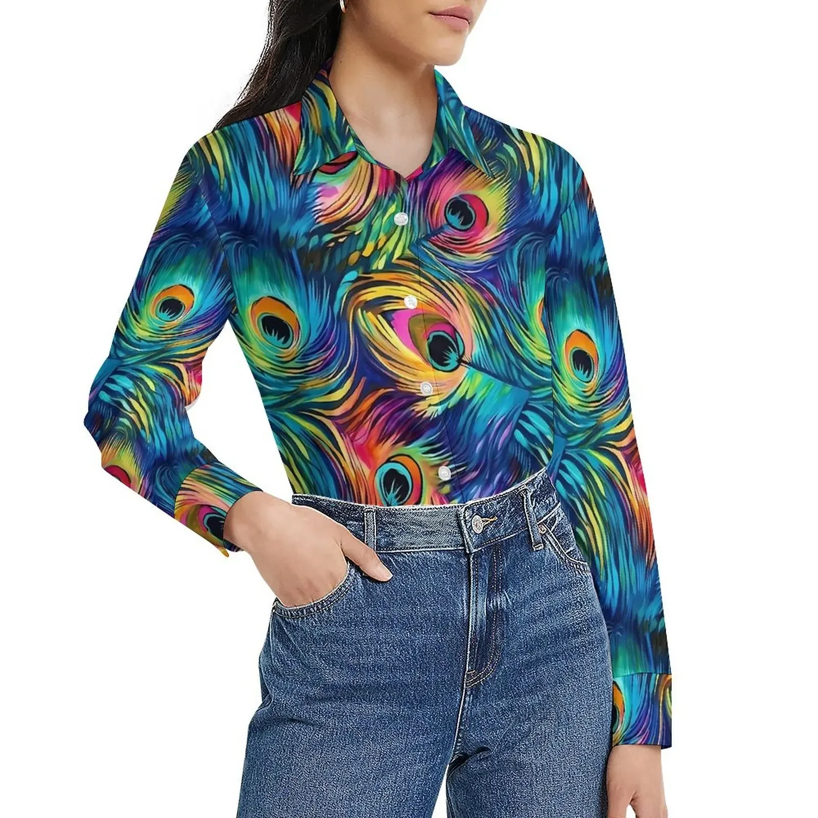 

2025 Spring Autumn Rainbow Peacock Feather Loose Blouse Fashion Casual Blouses Female Long-Sleeve Vintage Shirt Street Style Top