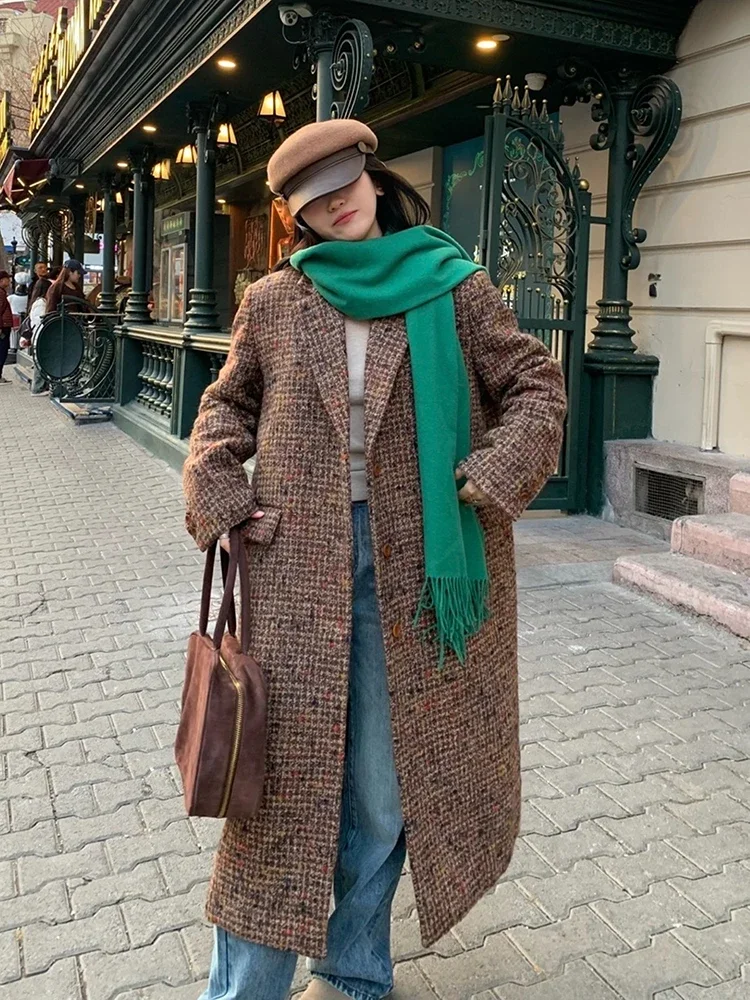 Kiesza lyte-Veste en laine à carreaux pour femme, pardessus long en laine, combinaison en tweed, design de rue rétro, mode coréenne, automne et hiver 2024