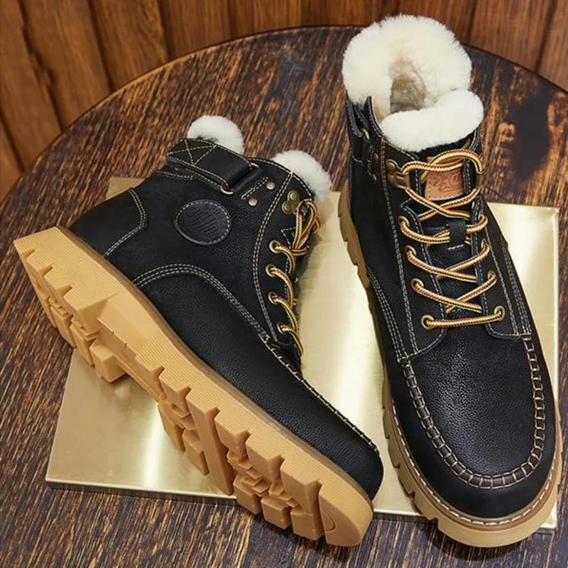 New Winter Plush Warm Leather High Top Cotton Men Casual Male Shoes Adult Waterproof Anti Slip Northeast Cotton Shoes Snow Boots