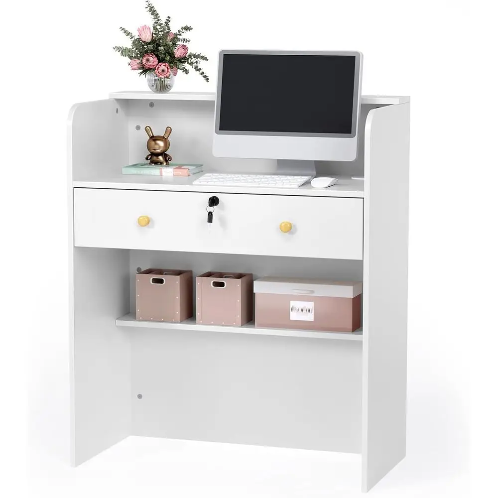 

Reception Desk with Counter, Compact Lockable Front Desk, Wooden Modern Lobby Office Table (White, 32)