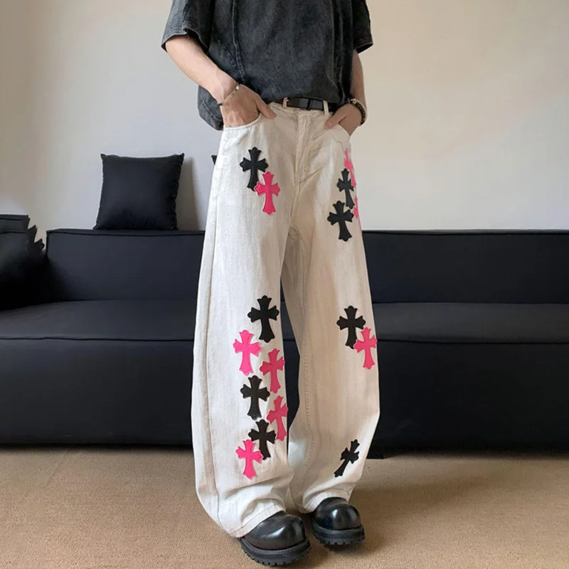 LUZHEN اللون التباين المرقعة فضفاض واسعة الساق جينز غير رسمي الرجال 2025 جديد أنيق الأصلي الشارع الشهير مستقيم الدينيم السراويل JY3187