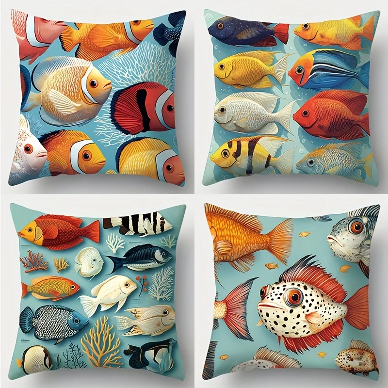 4 fundas de cojín acuáticas, fundas de cojín con motivos de peces tropicales vibrantes y arrecifes de coral para sala de estar, dormitorio, sofá