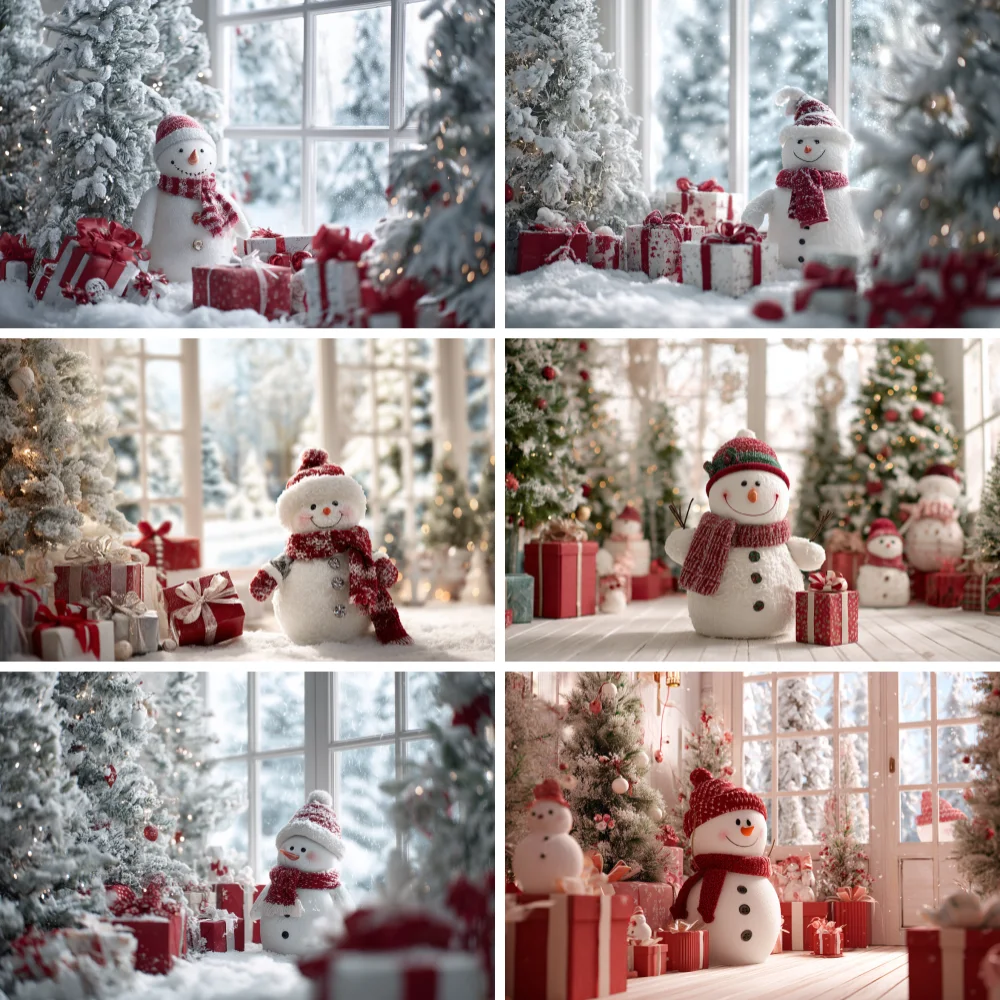

Winter Christmas Decoration Backdrop Frosted Xmas Tree Snowman Gift Pile Kids Party Family Portraits Backgrounds for Photographs