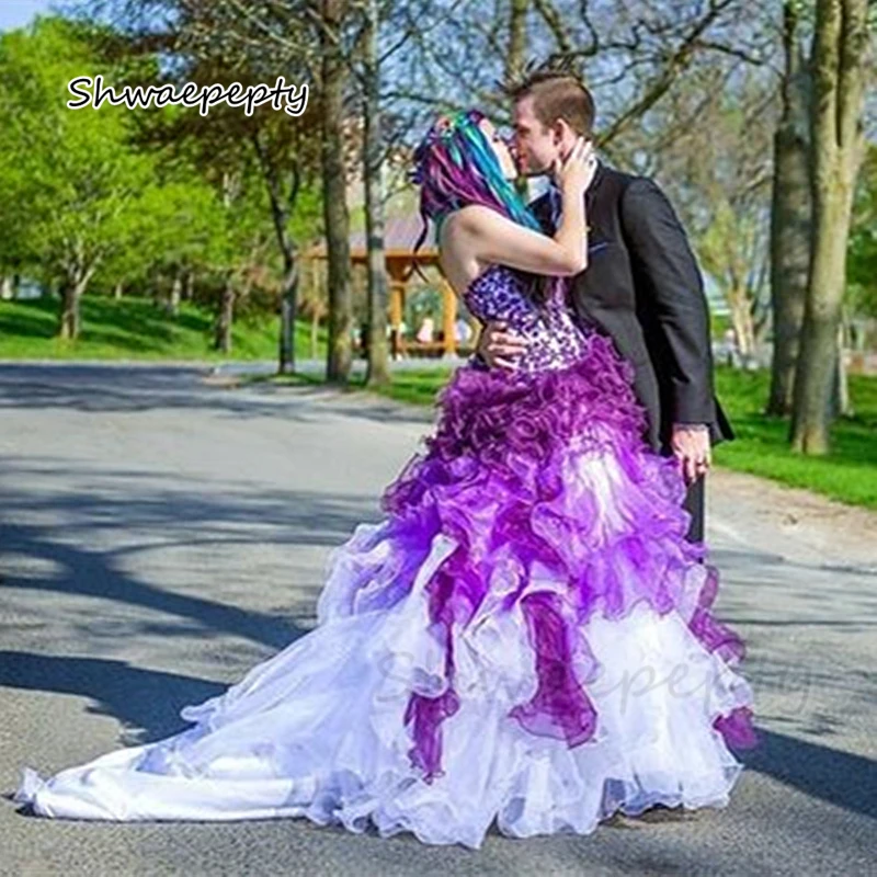 Ruffles Country A-Line Colorful Wedding Dresses Colorful Purple With White Long Organza Bridal Gowns Lace Appliques Customized