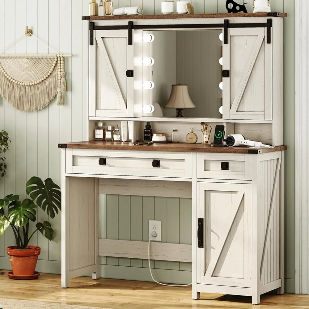 Makeup Vanity with Lights & Barn Doors, Vanity Desk with Mirror and Lights & Charging Station, Farmhouse Vanity Table