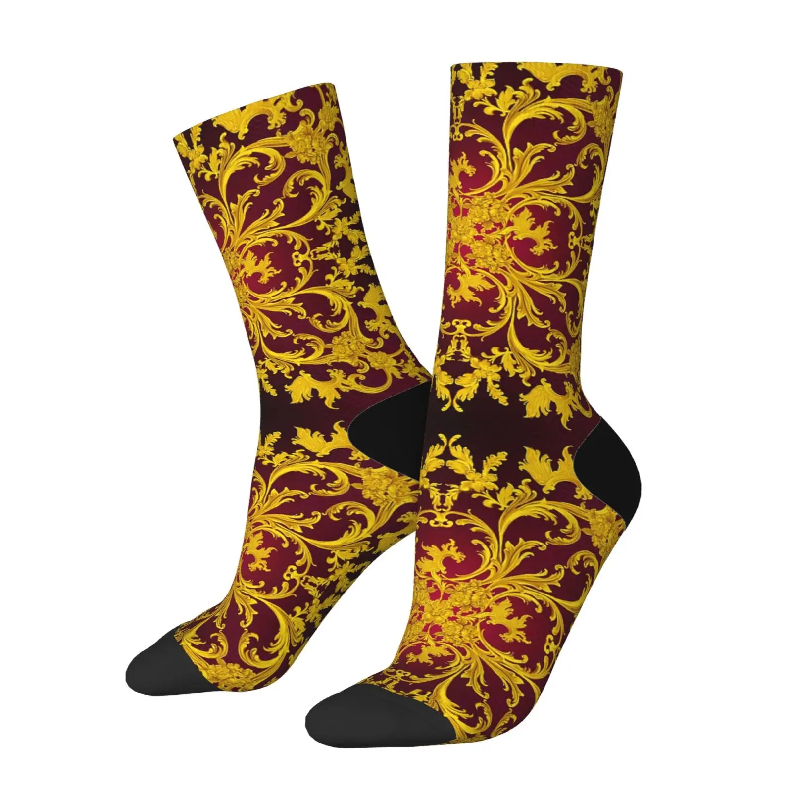 Vintage Baroque Floral Crew Socks One Size Men Women Royal Golden Damask Print Mid Calf Socks