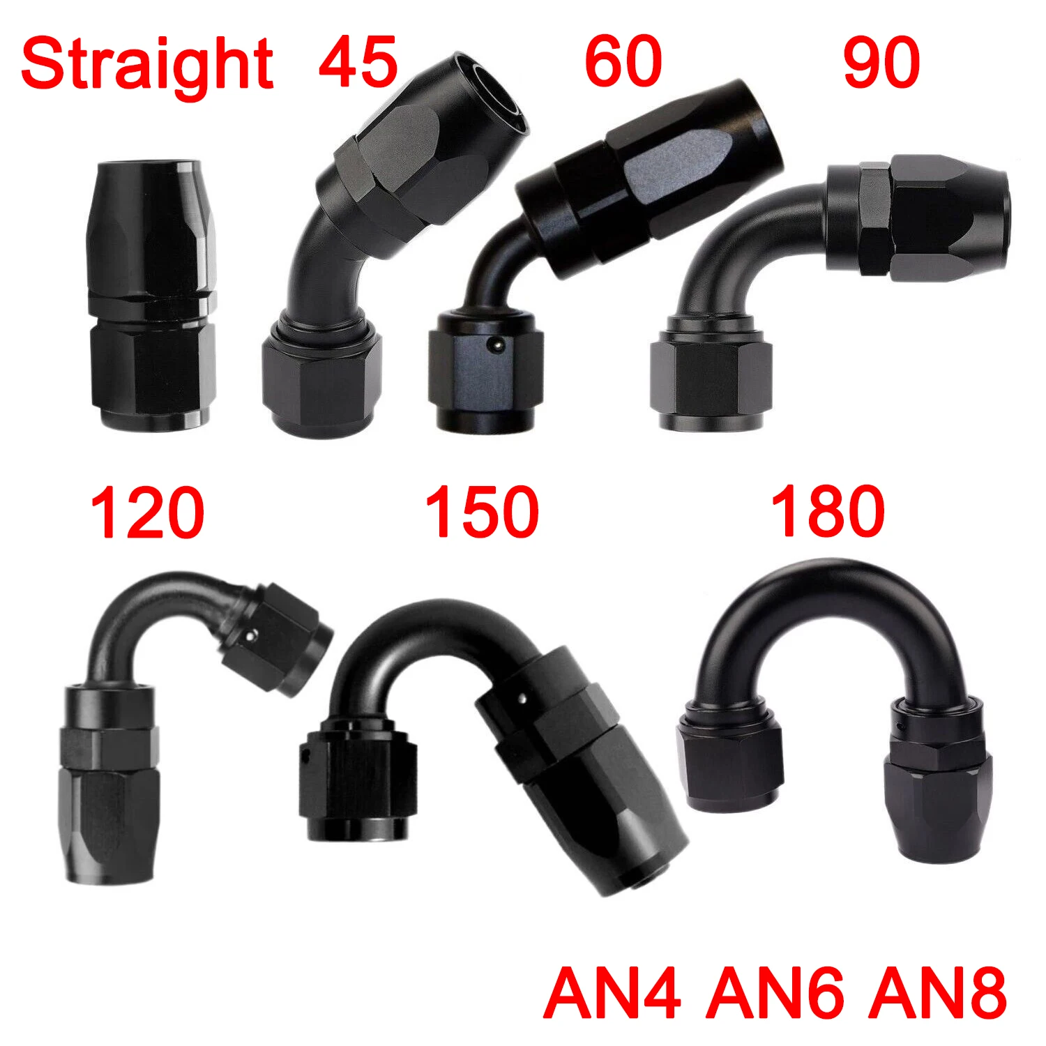 

1 Piece Black AN4 AN6 AN8 Straight 45 60 90 120 150 180 Degree Oil Fuel Swivel Hose End Fitting Oil Hose End Adaptor Kit