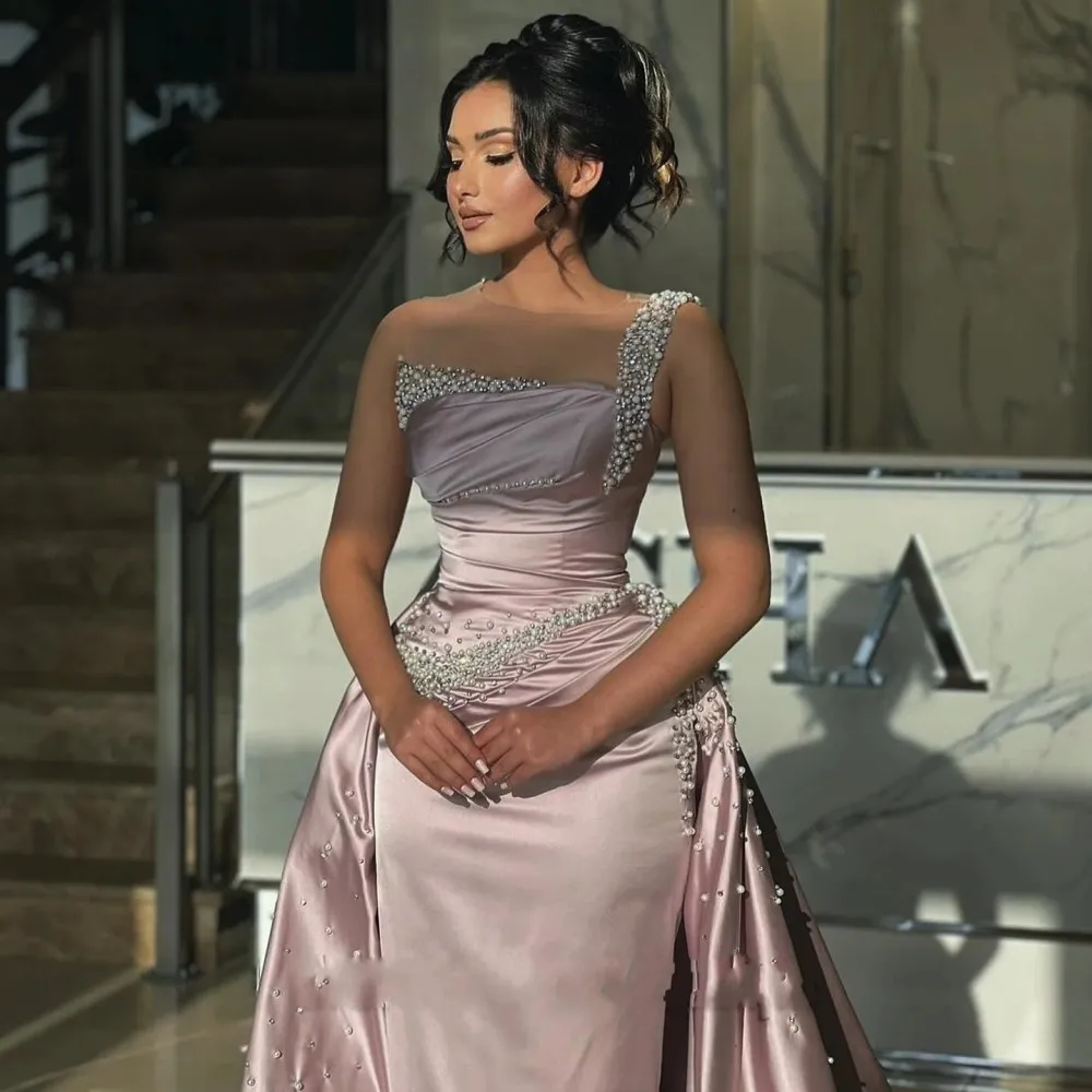 Modern Pink Prom Pageant Dress 2026 Sheer Neck Pearls One Shoulder Satin Mermaid Evening Birthday Formal Gowns Vestidos De Dala