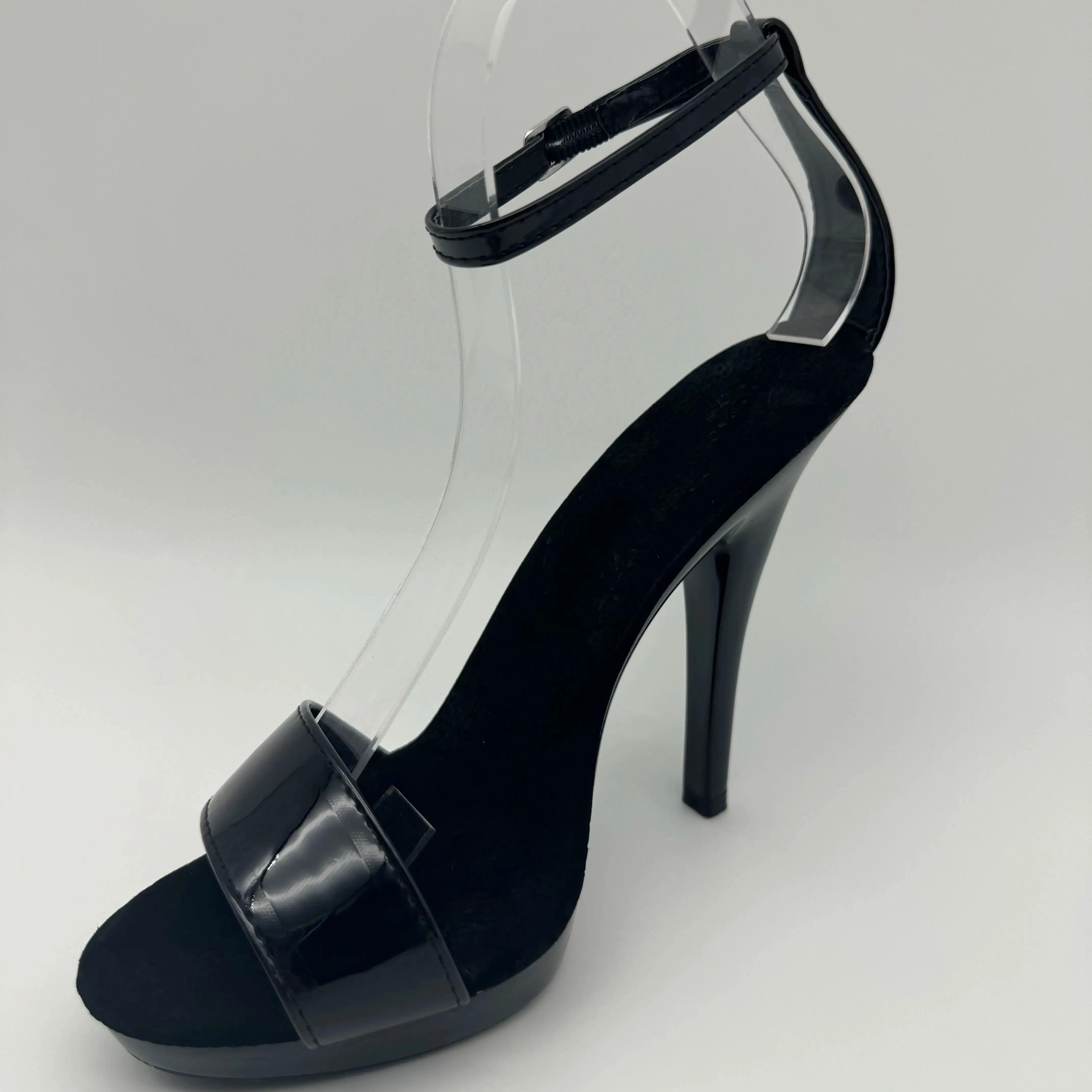Black Patent Stilettos 13cm - Wide Strap Peep Toe Sandals w/ Adjustable Ankle Strap & Platform Club Heels