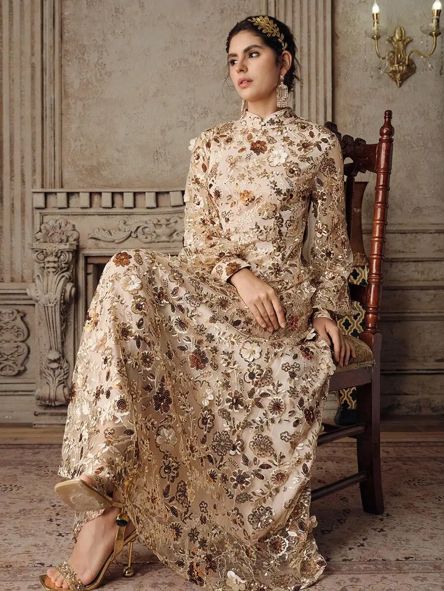

Elegant Floral Embroidered Long Dress For Women, A-Line Formal Gown For Party Banquet