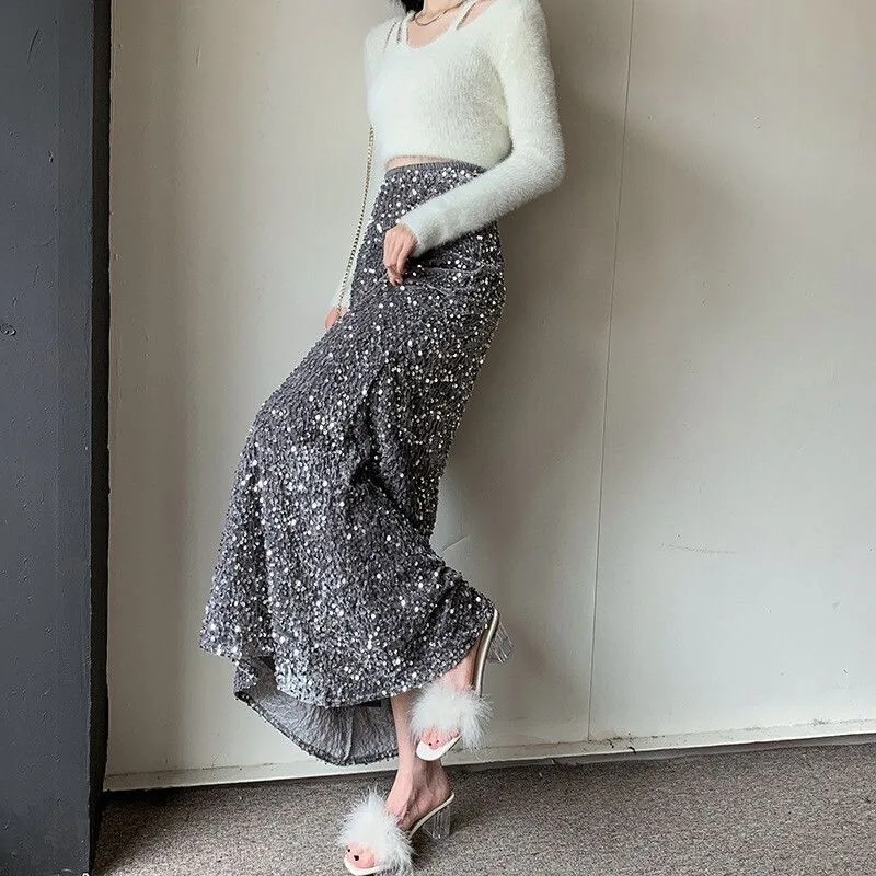 Semi-length Skirt Sequins, Heavy-duty Velvet, New Slimming Skirt, High-waisted Fishtail Skirt