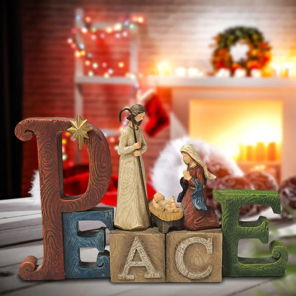 Christmas Nativity Resin Holy Family Statue Jesus Mary Joseph Figurine for Home Decor Shelf Rack Office Christian Holiday Party