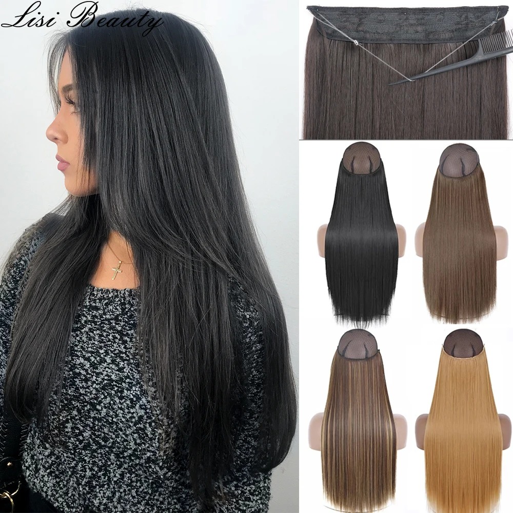 

No Clip Long Straight Invisible Wire Hair Extensions Synthetic Natural False Hair Piece Black Brown Blonde Mixed Color Hairpiece