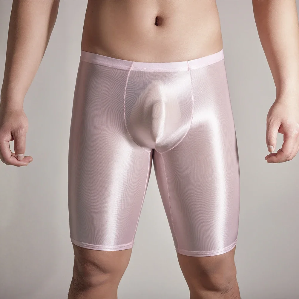 Men Sexy Elastic Long Boxershorts Shiny Glossy See-Through Shorts Trunks Fitness Bottoms Short Pants Leggings Bottoms Swimming