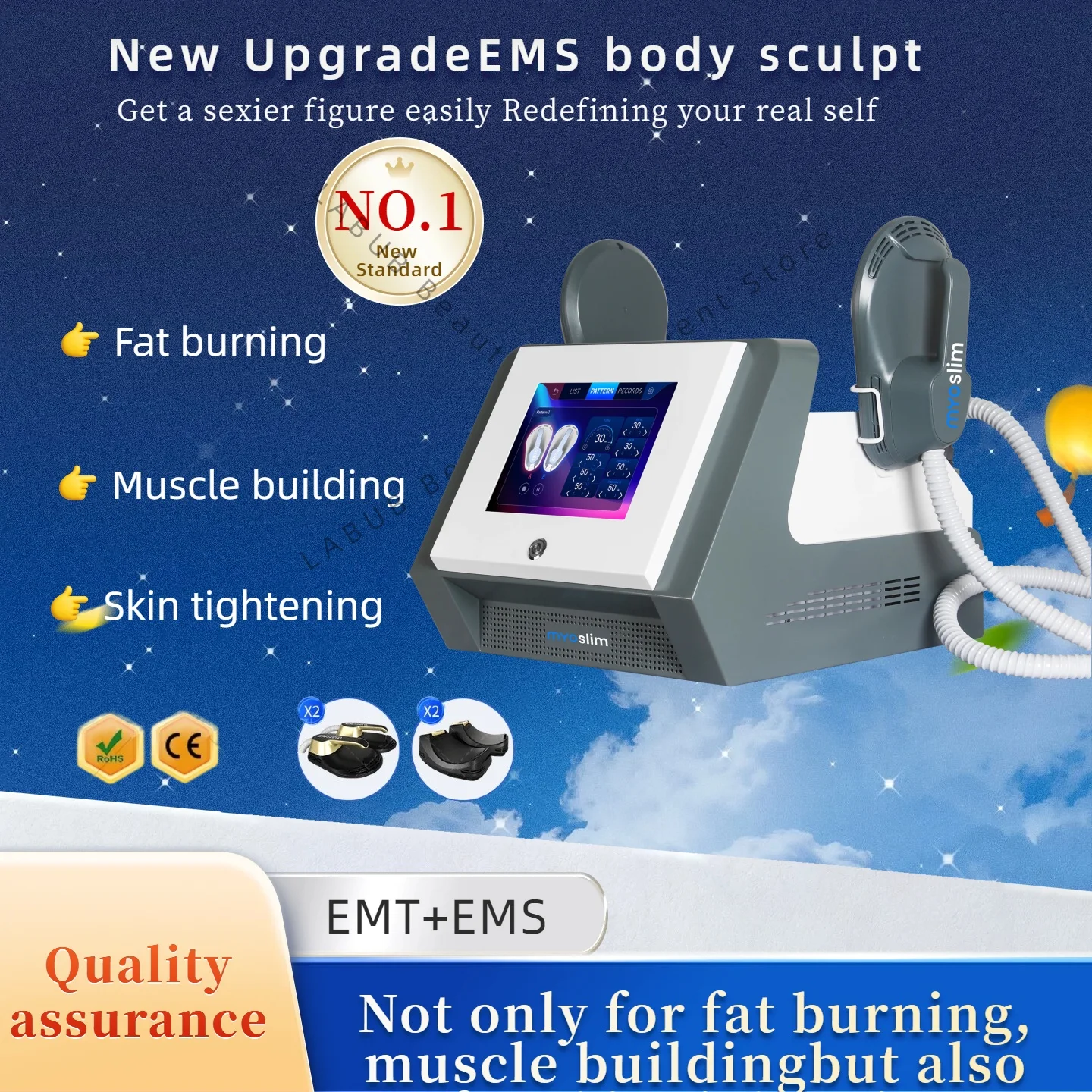 

Professional 15T EMS Body Shaper MYOSLIM for Home Use: Weight Loss Abdomen Toning and Butt Building.