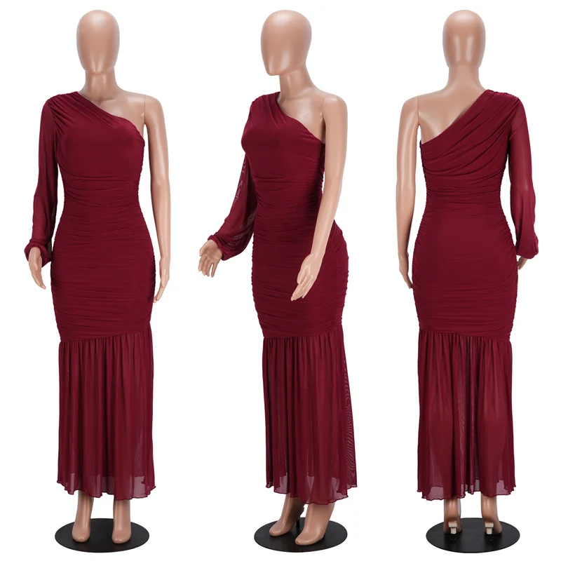 2025 un hombro mujeres verano ceñido al cuerpo delgado Sexy vestidos de fiesta largos cuello Diagonal acanalado malla transparente Patchwork vestido de noche para discoteca