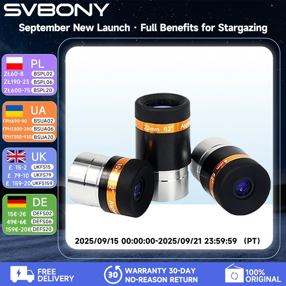 

Svbony Eyepieces 4/10/23mm Telescope Lens Wide Angle 62 Deg Aspheric Eyepiece HD Fully Coated Telescope Accessory for 1.25 inch