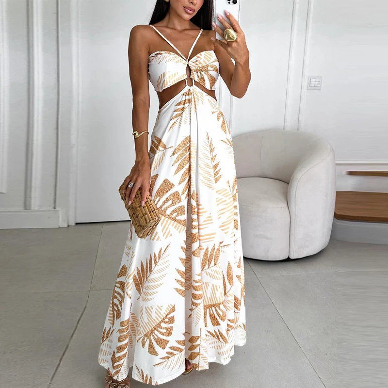 

Women Casual All Over Print Spaghetti Straps Backless Midriff Sleeveless Pocket Loose Vacation Wide Leg Jumpsuit