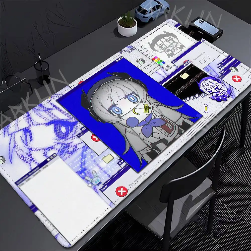 Y2K Anime Chibi Girl Gaming Mouse Pad Retro Computer Window UI Collage Blue White Cartoon Character Non Slip Large Desk Mat