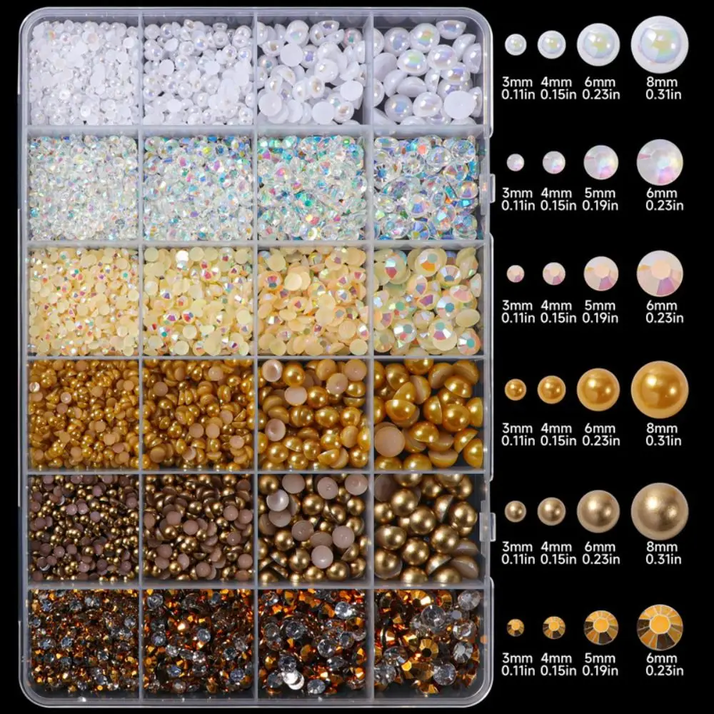 for Bedazzling Flatback Pearls and Gold Rhinestones Mixed Size 3-8mm White Brown Gems and Half Pearls 24 Grids Resin Rhinestones