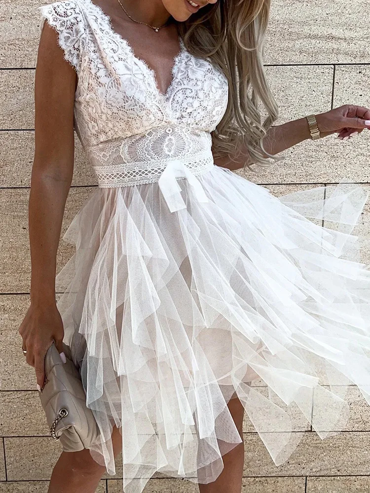 Lace Patchwork Asymmetrical White Dress Femme Sexy Sleeveless Slim Fit Party Dress Solid Summer Backless V Neck Hollow Out Dress