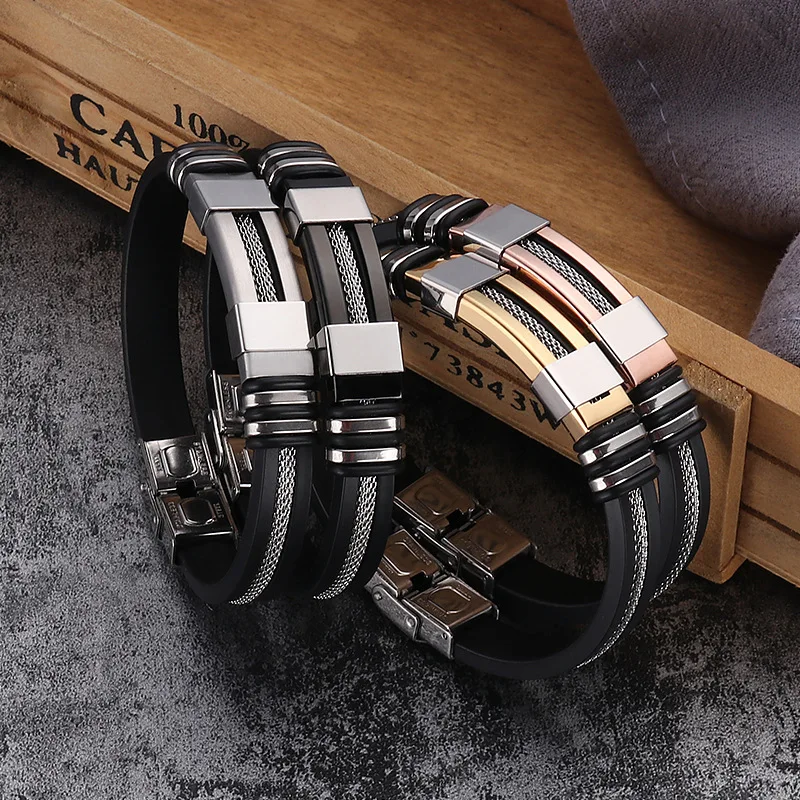 Fashion Stainless Steel Bracelets Men Wrist Band Black Grooved Mesh Link Insert Punk Wristband Casual Bangles Punk Jewelry