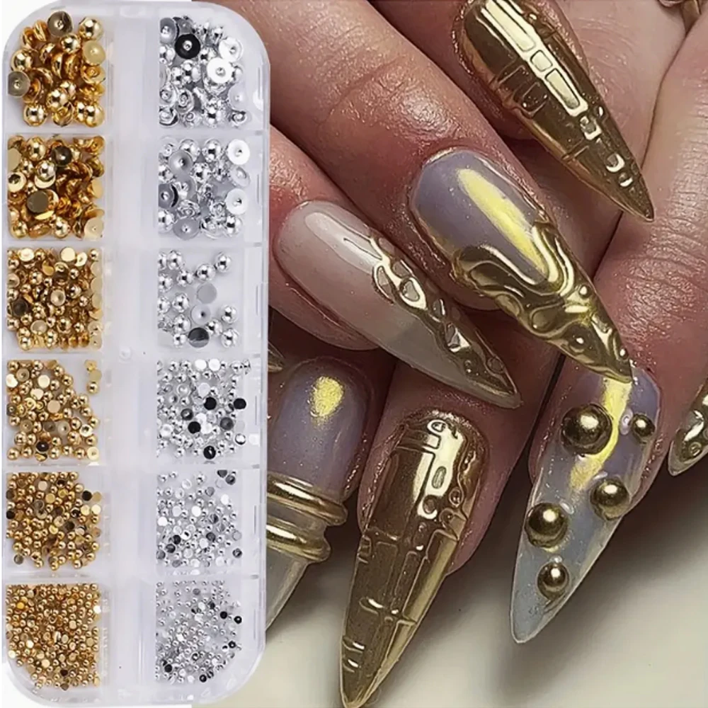 12 Grid Metallic Silvery Steel Balls Nail Art Decorations 3D Golden Size Mixed Pearl Jewelry Accessory