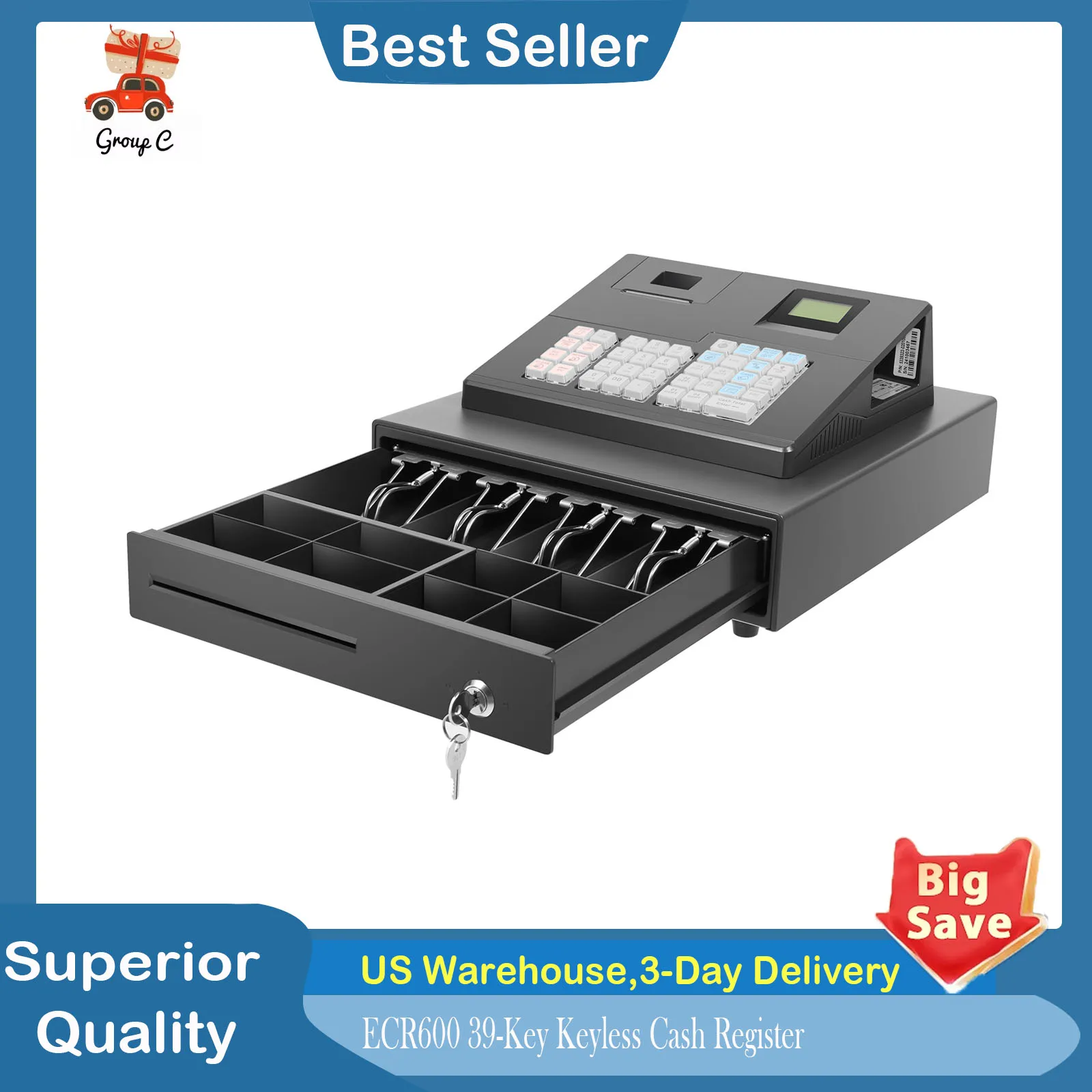 Elektronische Registrierkasse, ECR600 Schlüssellose Registrierkasse mit 39 Tasten für Supermarkt, Restaurant, Einzelhandelsgeschäft, Hamburgerbar