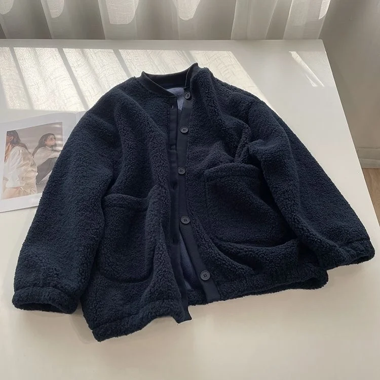 

Plus Size Lamb Fur Lined Thiened Loose Winter Jaet Women's Korean Sle Mid-Length Lazy Aosphere Top Coat Pure Color Commute