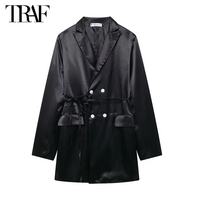 TRAF Black Long Blazer Woman 2024 Satin Office Blazer for Women Long Sleeve Women\'s Blazers Straight Jackets Women New in Coats