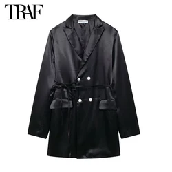 TRAF Black Long Blazer Woman 2024 Satin Office Blazer for Women Long Sleeve Women's Blazers Straight Jackets Women New in Coats