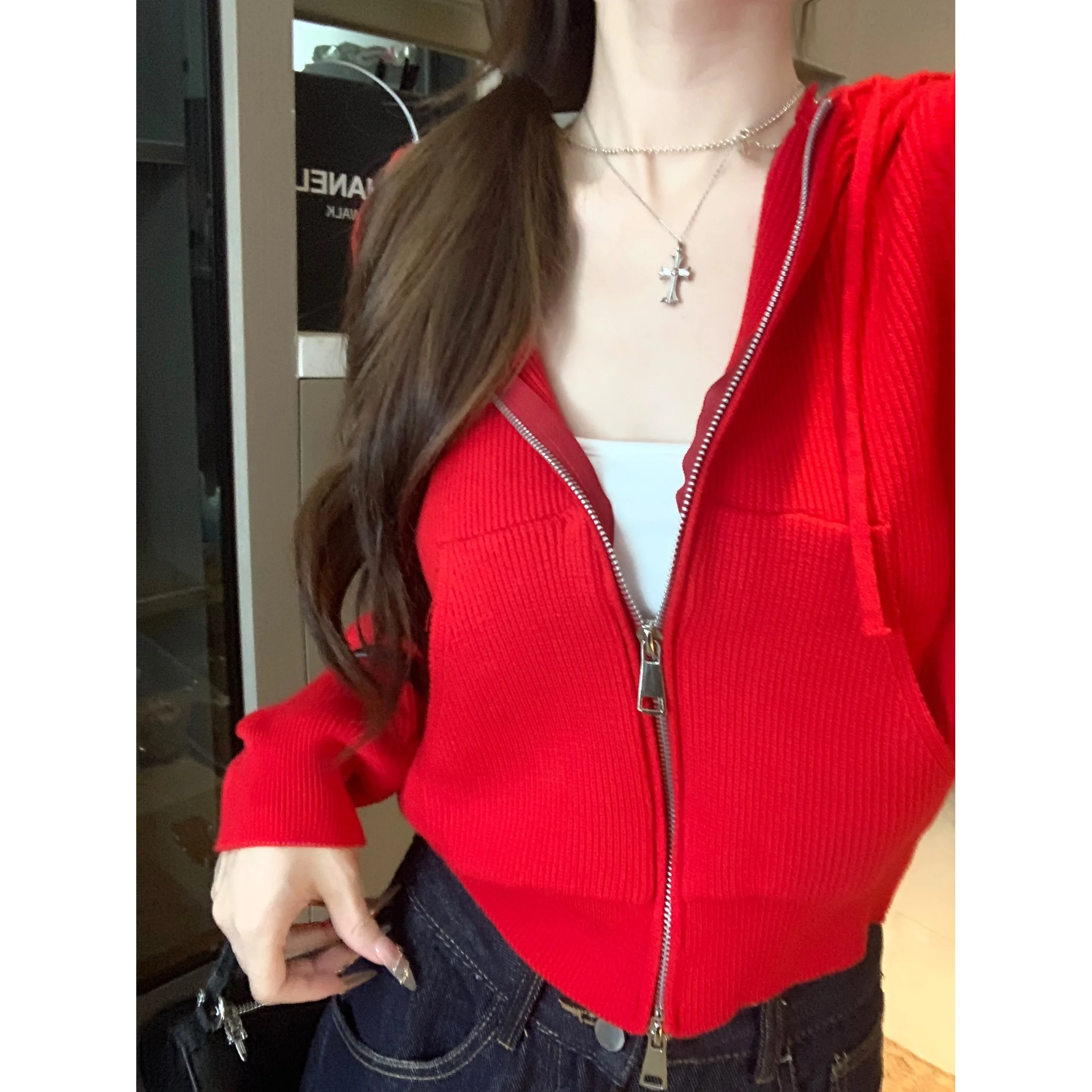

Slim Fit Long Sve Knitted Hoodie Women's Outerwear Autumn 2025 New Sle Ele Faion Design Casual Comfortable Knit Ca...