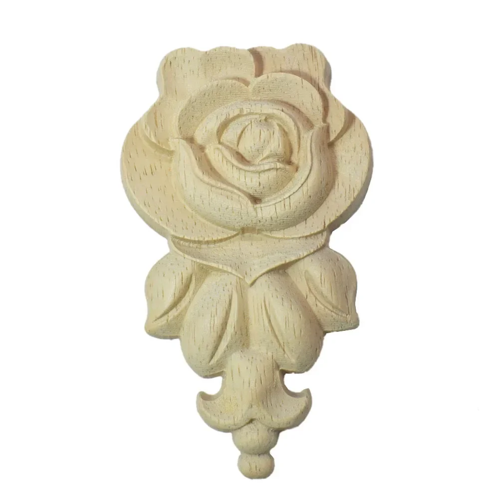 2PCS 10cm Vintage Wood Carved Applique Long Flower Wooden Decal for Furniture Window Door Home Decoration Accessories