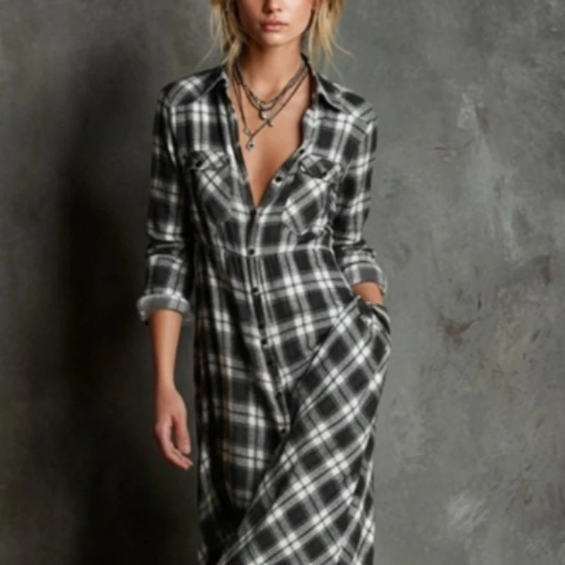 Krismile Damska Sukienka Maxi w Stylu Vintage 2026 Retro Casual Codzienna Klasyczna Krata Modna Sukienka z Długim Rękawem Jesień Zima