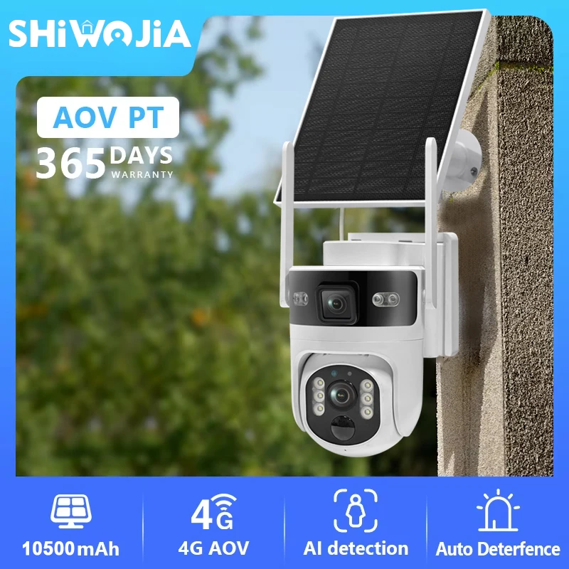 SHIWOJIA 4G Solar Camera SIM Card Dual Lens AOV 24/7 Video Record Outdoor Security Camera 4G LTE Wifi Network 10500mAh Battery