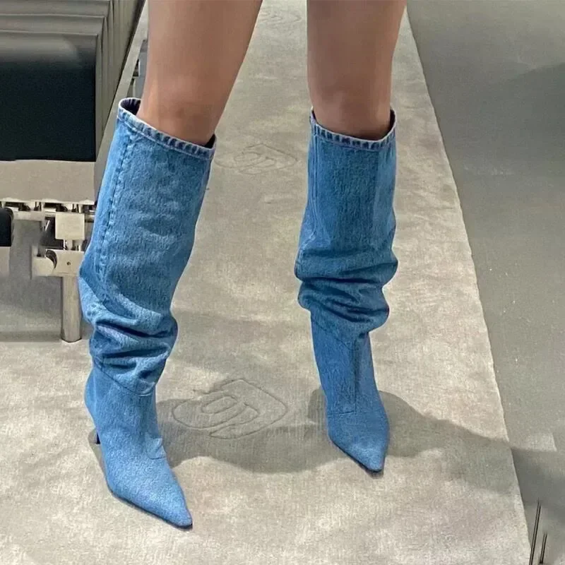 

High Heel Long Tube over Knee Folded Booties Women's Boots Autumn Winter Fashionable Sharp Pointed Toe Skinny Heel Jeans Boots