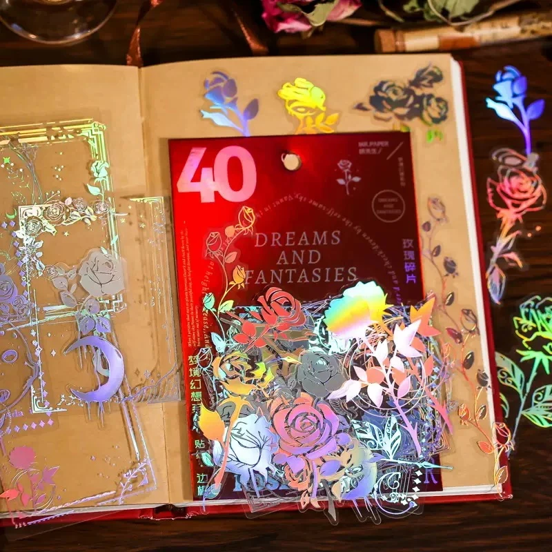 40pcs/set Dream Laser Laser Butterfly Rose Flower Sticker Pack, DIY Decorative Scrapbook for Students, School Supplies