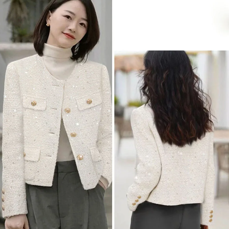 Lucyever Fashion Sequin Short Jacket Women Autumn Winter Korean Chic Single-Breasted Coat Ladies Streetwear Long Sleeve Outwear