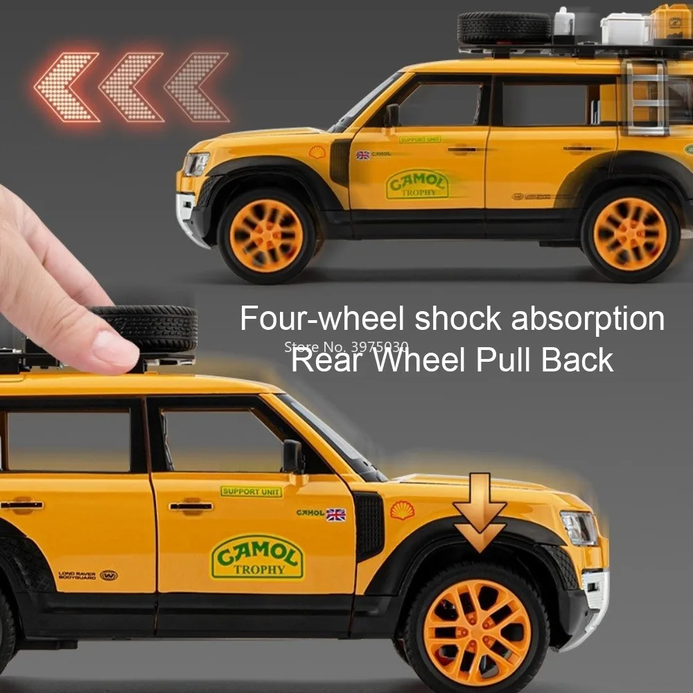 1:24 aleación Land Rover Defender modelos fundidos a presión coches de juguete con luz trasera sonido miniatura todoterreno juguetes interactivos para niños