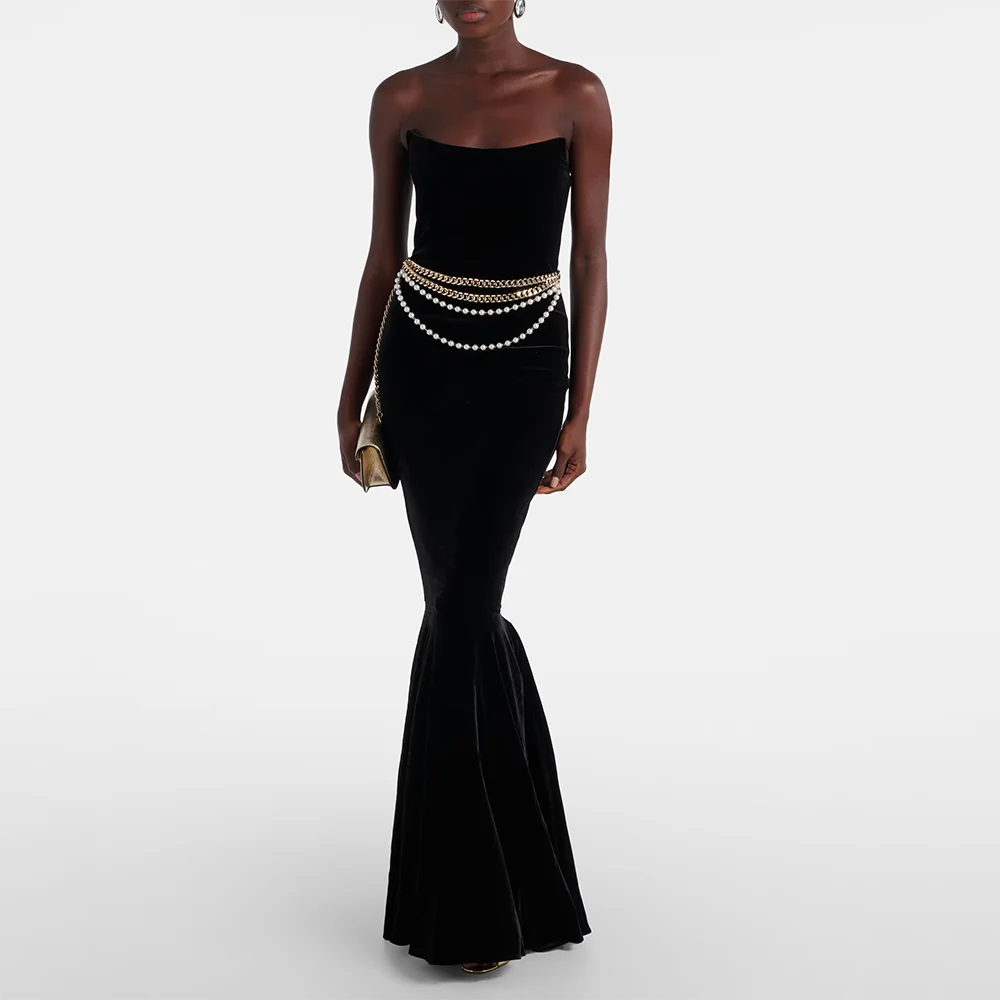 

Sexy Strapless Sleeveless Beads Prom Gowns Black Ruffle Mermaid Floor Length Evneing Dresses Customzied Dinner Party Dress