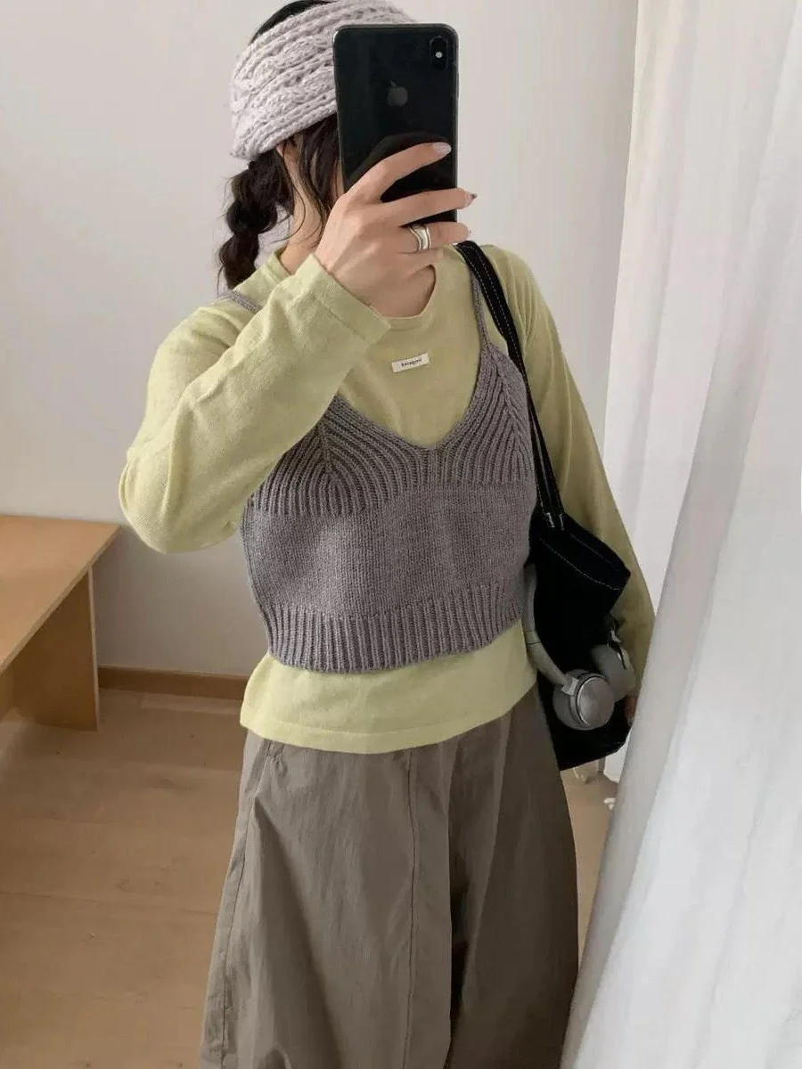 

Милый цветной корейский свитер для девочек, простой повседневный модный дизайн, жилет с v-образным вырезом на бретельках, осенний однотонный свитер или длины