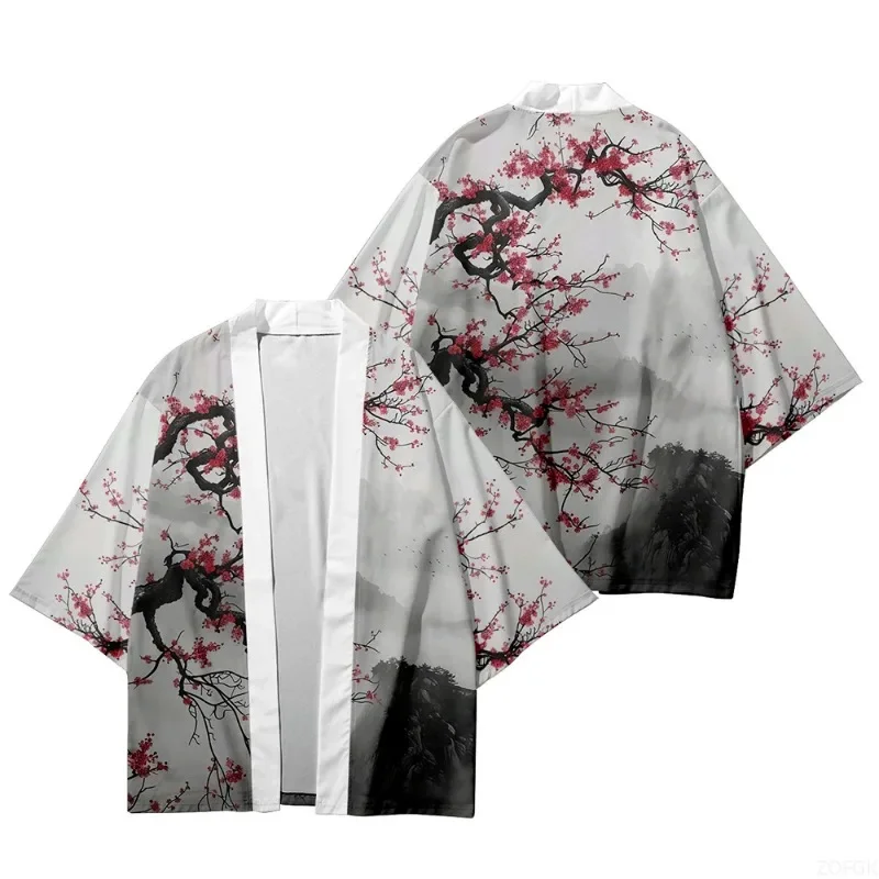 Trendy Unisex Ink Wash Plum Blossom Haori Kimono Cardigan Landscape 1/2 Sleeve Yukata Loose Oversized Unisex Coat Tops